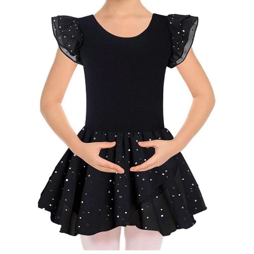 Arshiner Girls Black Ruffle Sleeve Ballet Dance Glitter Tutu Skirt Leotard Dress